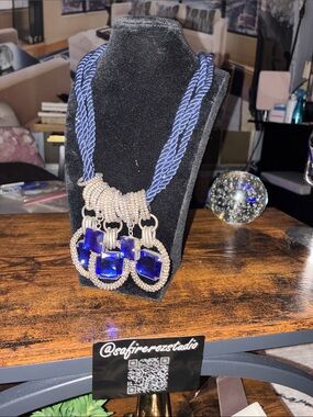 Blue Crystal Pendant Rope Necklace with Silver Accents